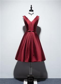 Picture of Wine Red Color V-neckline Satin Lace-up Homecoming Dresses, Short Prom Dresses